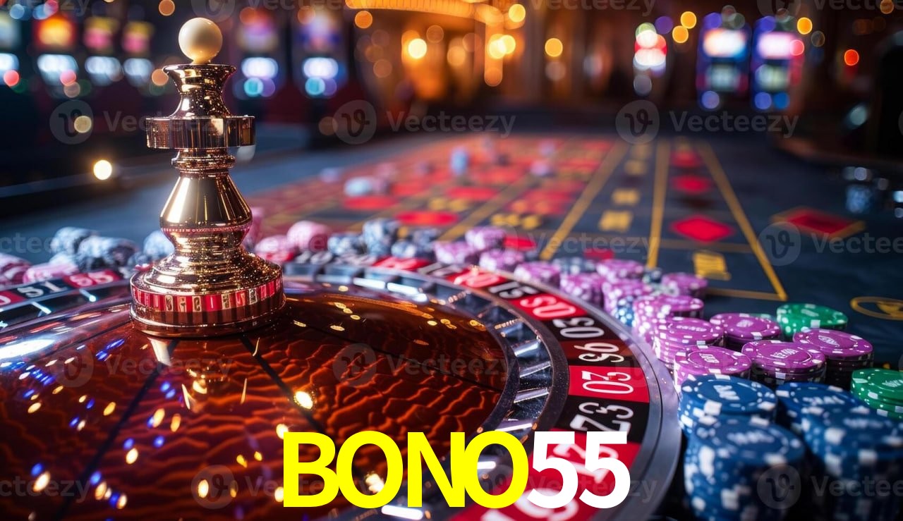 Una escena digital vívida inspirada en casino con BONO55 mostrado prominentemente, luces brillantes, fichas, cartas y acentos dorados.