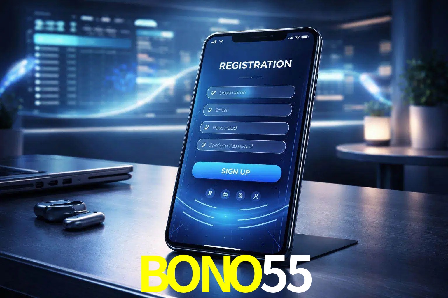 Una interfaz moderna de registro móvil para BONO55 mostrada en un smartphone con un panel de apuestas elegante.
